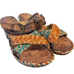 Elite Corkys Poppy Amber Multi Pattern Hand Made Leather‎ Wedge Sandals Sleepy 8